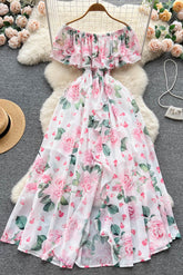 Robe longue trapèze à volants et col bateau, taille élastique, pour les vacances